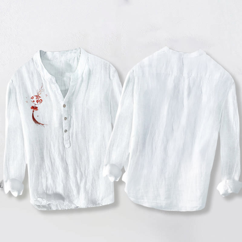 Buddha Stones赤花ランタン柄 ハーフボタン メンズ コットンリネン 長袖シャツ - image 2