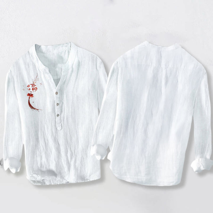 Buddha Stones赤花ランタン柄 ハーフボタン メンズ コットンリネン 長袖シャツ - image 2