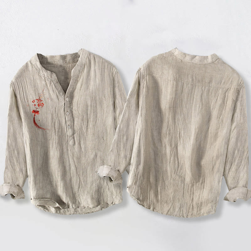 Buddha Stones赤花ランタン柄 ハーフボタン メンズ コットンリネン 長袖シャツ - image 5