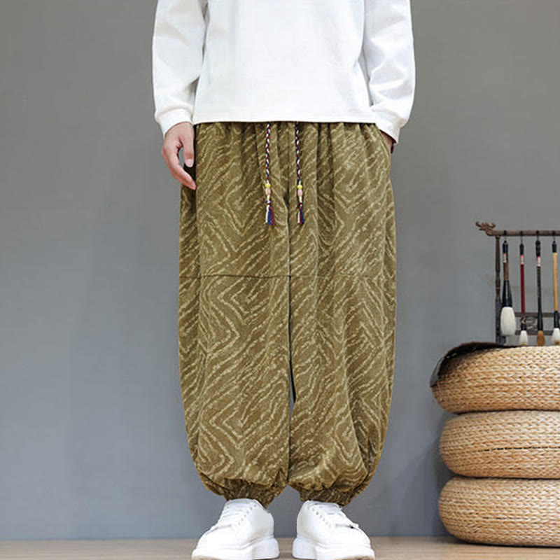 Buddha Stonesの秋の質感、ドローストリングデザイン、コーデュロイ、コットンリネン、ポケット付きメンズハーレムパンツ - image 35