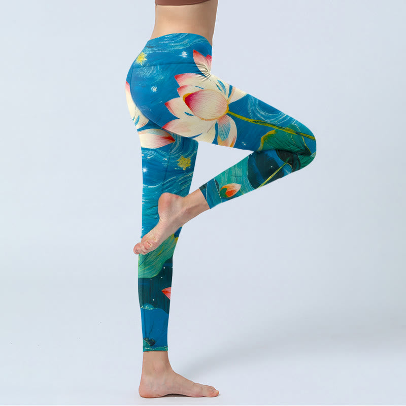 Buddha Stones、蓮の花、星空柄プリントのジムレギンス、レディースヨガパンツ - image 4
