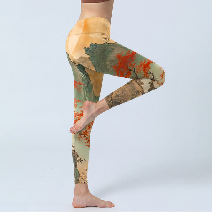 Buddha Stones、山、木​​々、日の出柄プリントのジムレギンス、レディースヨガパンツ - image 4
