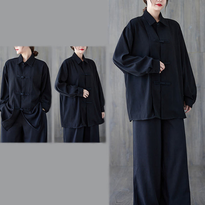 Buddha Stonesブラック プレーン フロッグボタン ラペル レディース コットン 長袖シャツ - image 6