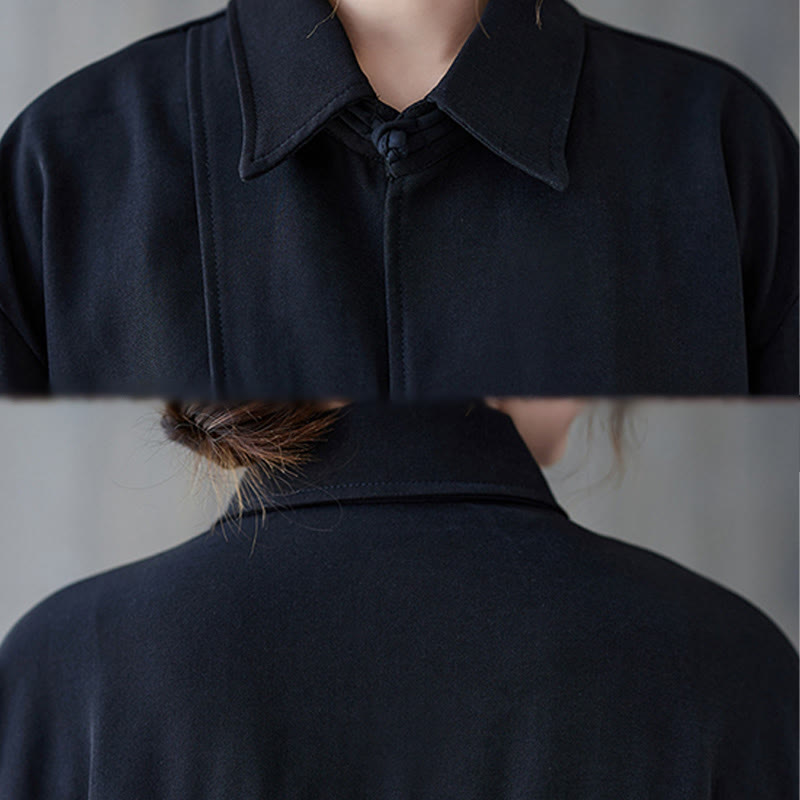 Buddha Stonesブラック プレーン フロッグボタン ラペル レディース コットン 長袖シャツ - image 10