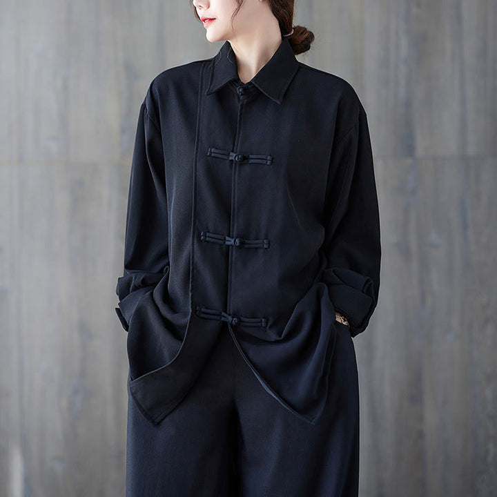 Buddha Stonesブラック プレーン フロッグボタン ラペル レディース コットン 長袖シャツ - 黒 - US12、 UK/AU16、 EU44 (XL) - image 0