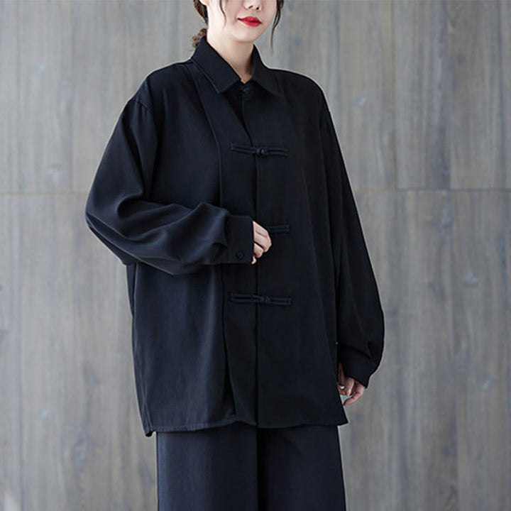 Buddha Stonesブラック プレーン フロッグボタン ラペル レディース コットン 長袖シャツ - image 2