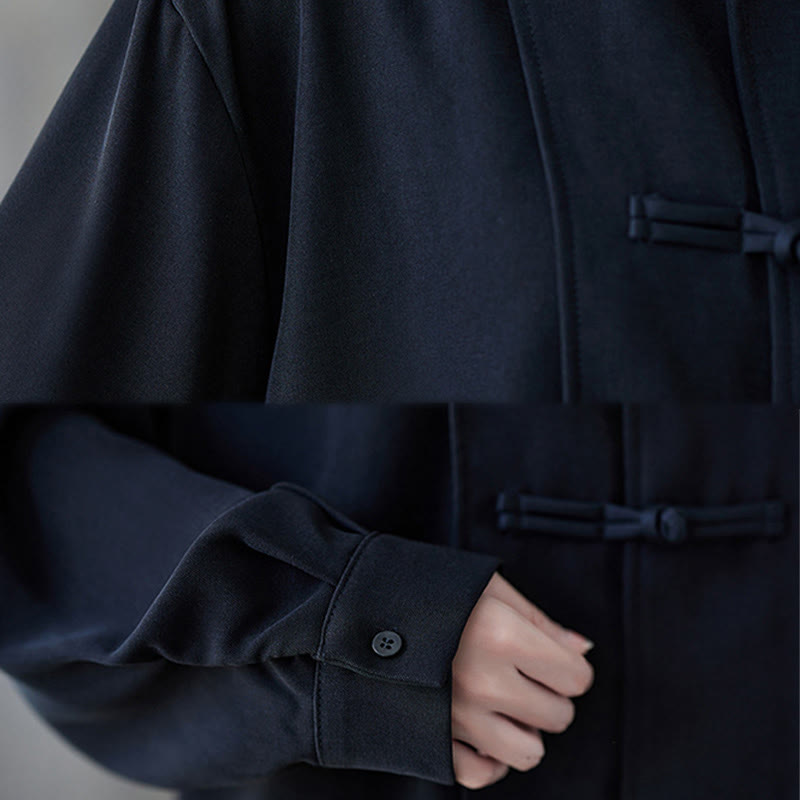 Buddha Stonesブラック プレーン フロッグボタン ラペル レディース コットン 長袖シャツ - image 11