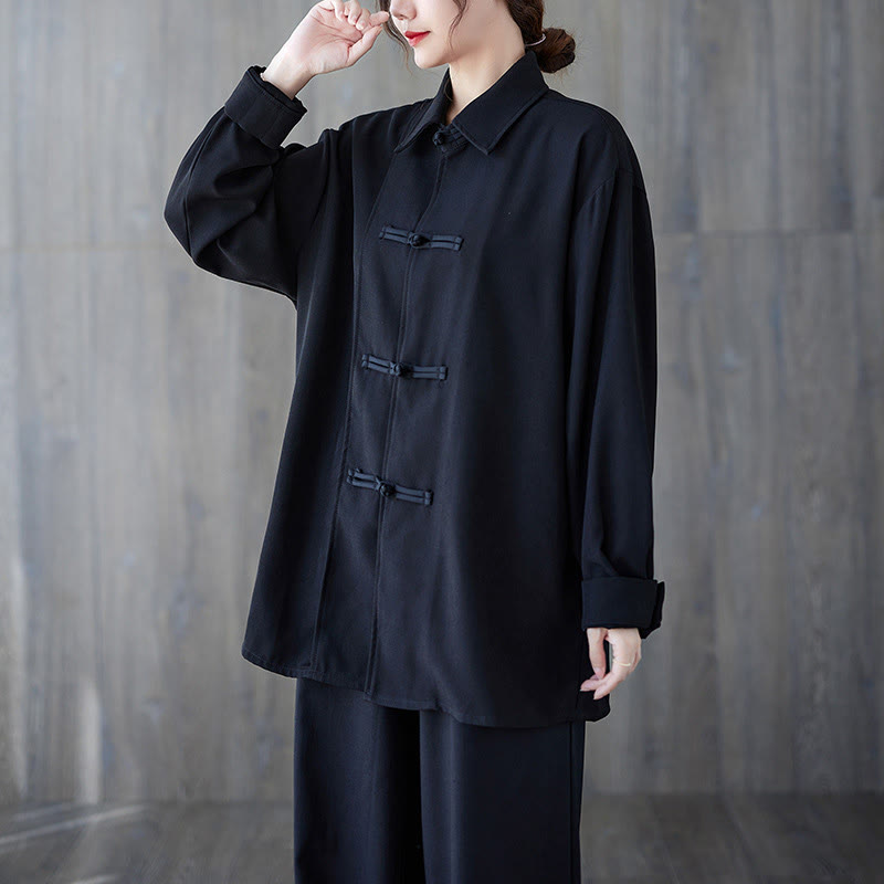 Buddha Stonesブラック プレーン フロッグボタン ラペル レディース コットン 長袖シャツ - image 1