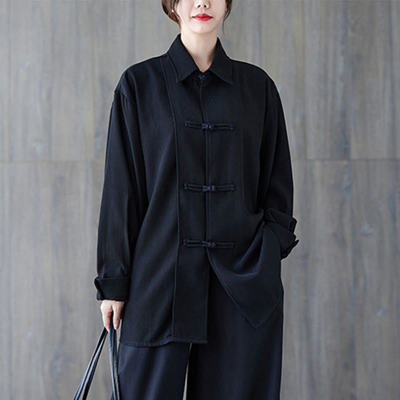 Buddha Stonesブラック プレーン フロッグボタン ラペル レディース コットン 長袖シャツ - image 3