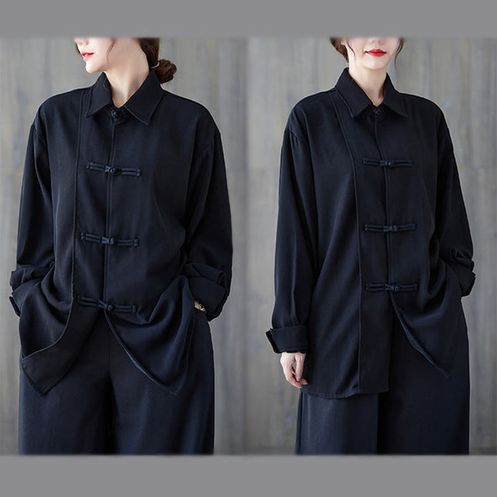 Buddha Stonesブラック プレーン フロッグボタン ラペル レディース コットン 長袖シャツ - image 5