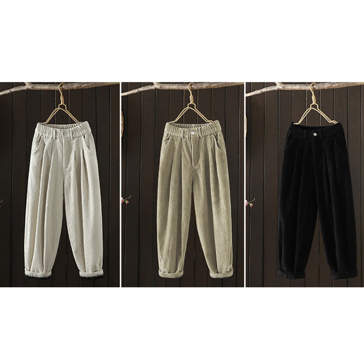 Buddha Stonesレディース 冬用 無地 コーデュロイ コットン ハイウエスト フリース裏地 ハーレムパンツ ポケット付き - image 24