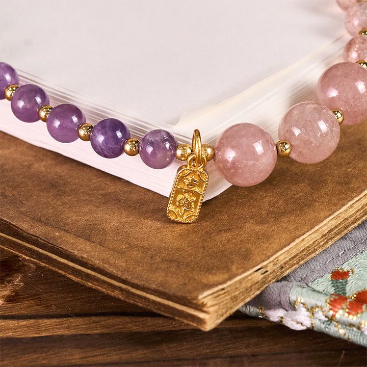 Buddha Stonesストロベリークォーツ アメジスト幸せヒーリング キーチェーン 携帯電話 吊り下げ 装飾 - image 2