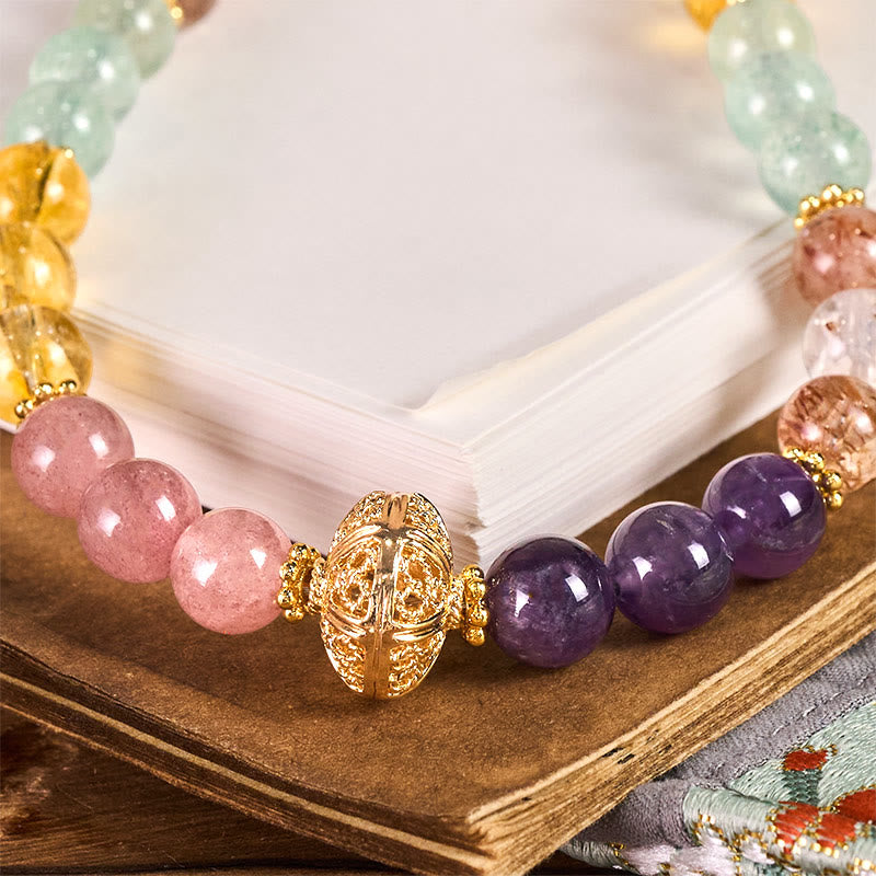 Buddha Stones8mm マルチカラー アメジスト ストロベリークォーツ バランスキーチェーン 携帯電話用 吊り下げ装飾 - image 1