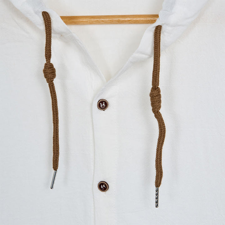 Buddha Stones無地 長袖 フード付き ドローストリング ボタン リネン メンズ シャツ - image 6