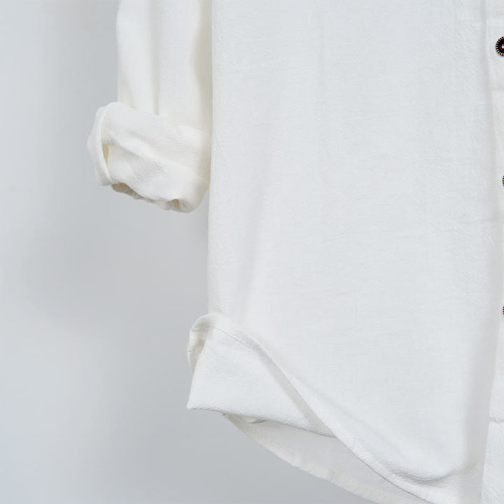 Buddha Stones無地 長袖 フード付き ドローストリングボタン コットン メンズシャツ - image 8