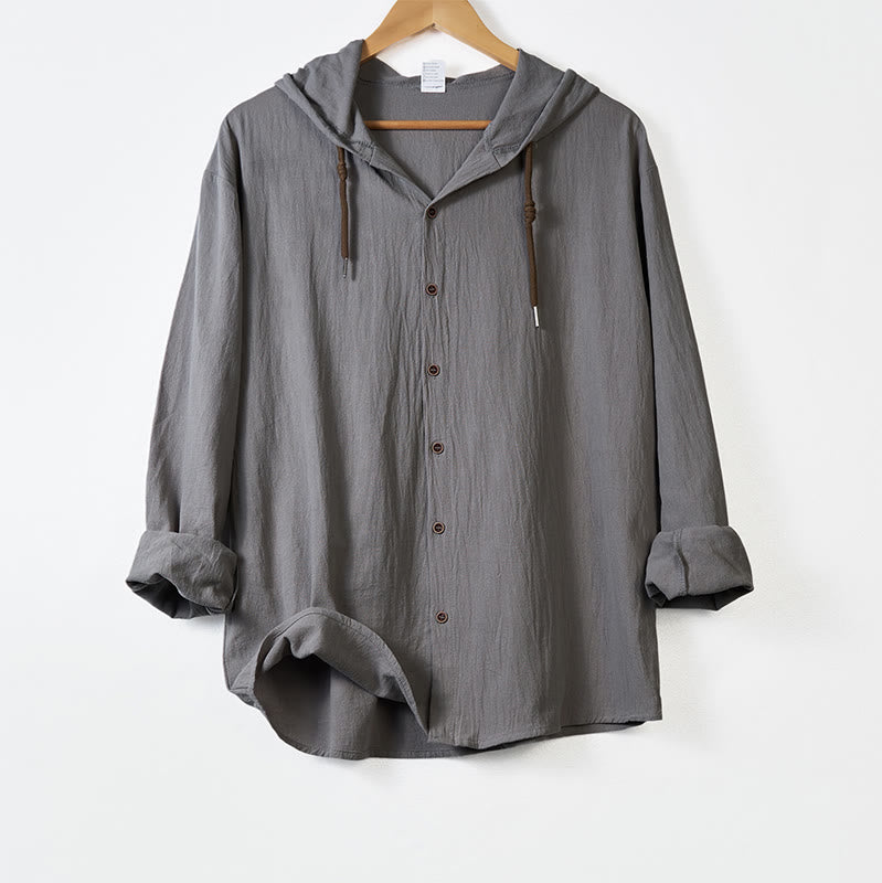Buddha Stones無地長袖フード付きドローストリングボタンメンズシャツ - ダークグレー - US/UK/AU44、 EU54 (3XL) - image 10