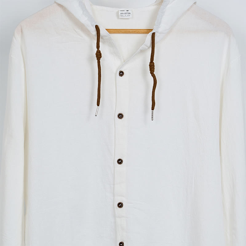 Buddha Stones無地 長袖 フード付き ドローストリング ボタン リネン メンズ シャツ - image 7