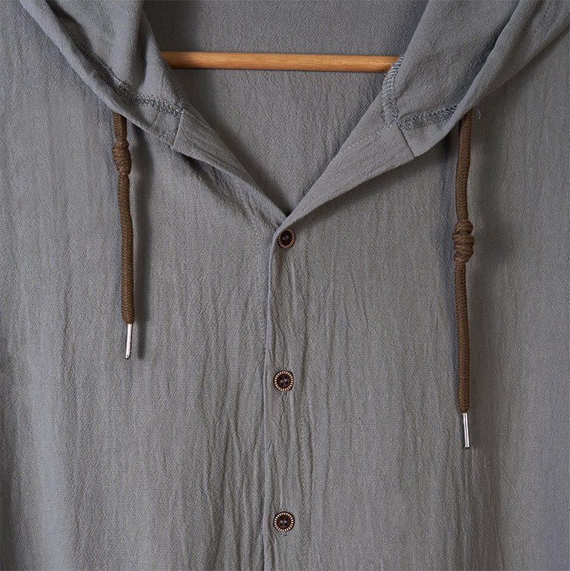 Buddha Stones無地 長袖 フード付き ドローストリングボタン コットン メンズシャツ - image 13