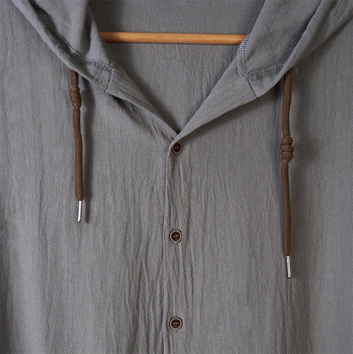 Buddha Stones無地 長袖 フード付き ドローストリング ボタン リネン メンズ シャツ - image 13