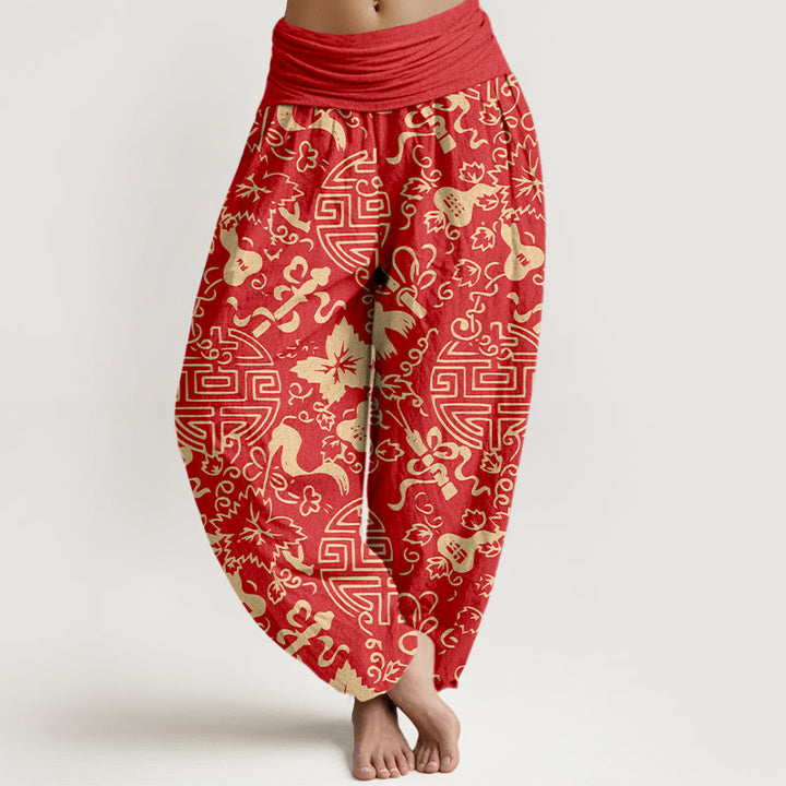 Buddha Stones純綿 漢字ひょうたん 縁起柄 レディース ウエストゴム ハーレムパンツ - 赤 - US16、 UK/AU20、 EU48 (3XL) - image 8