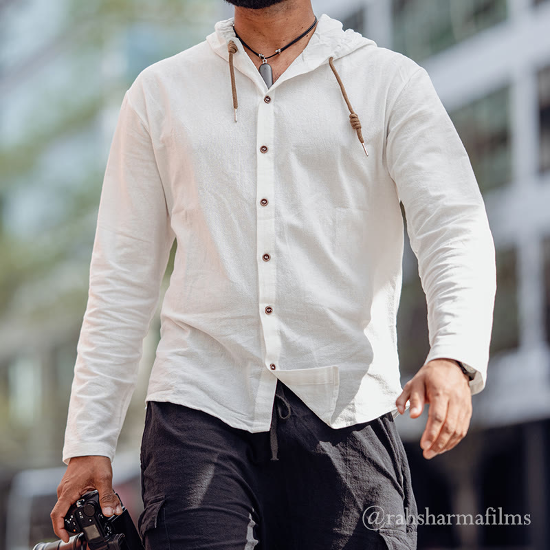 Buddha Stones無地 長袖 フード付き ドローストリング ボタン リネン メンズ シャツ - 白 - US/UK/AU44、 EU54 (3XL) - image 0