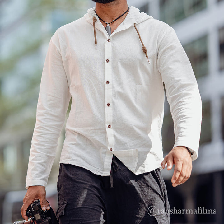 Buddha Stones無地 長袖 フード付き ドローストリング ボタン リネン メンズ シャツ - 白 - US/UK/AU44、 EU54 (3XL) - image 0