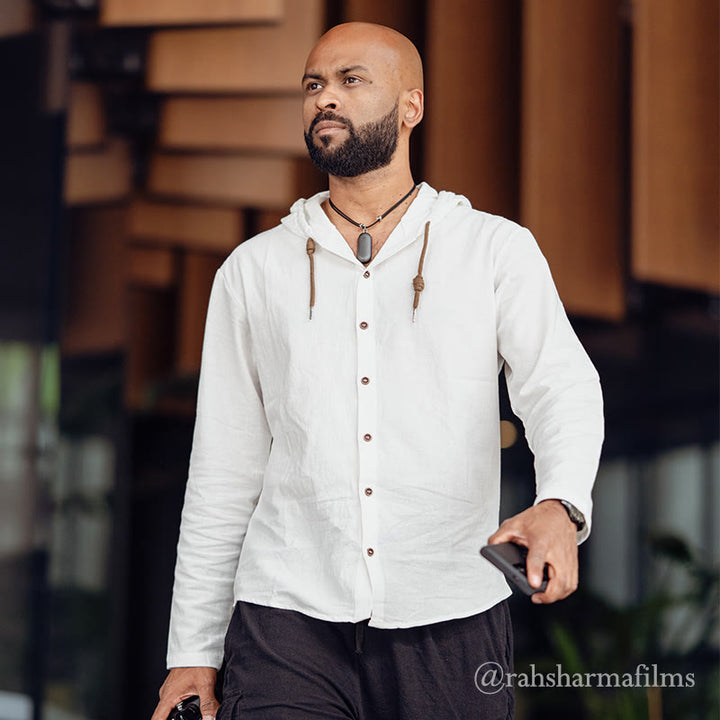 Buddha Stones無地 長袖 フード付き ドローストリングボタン コットン メンズシャツ - image 4