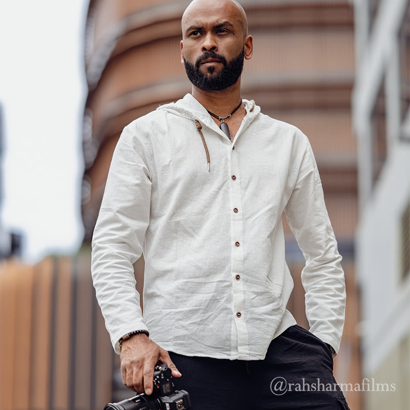 Buddha Stones無地 長袖 フード付き ドローストリングボタン コットン メンズシャツ - image 1