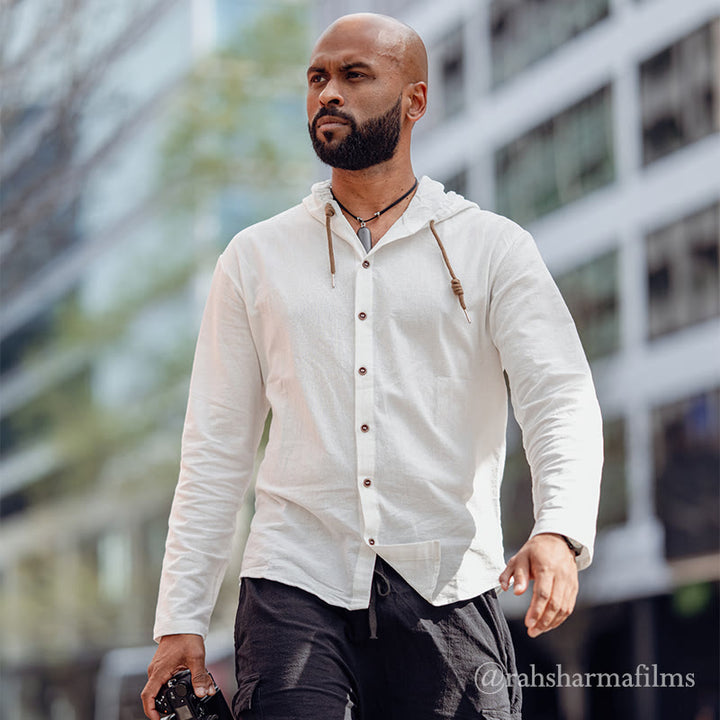 Buddha Stones無地 長袖 フード付き ドローストリング ボタン リネン メンズ シャツ - image 2