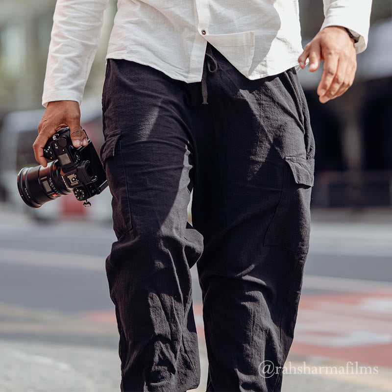 Buddha Stones無地リネン ドローストリング メンズ カーゴパンツ ポケット付き - image 2