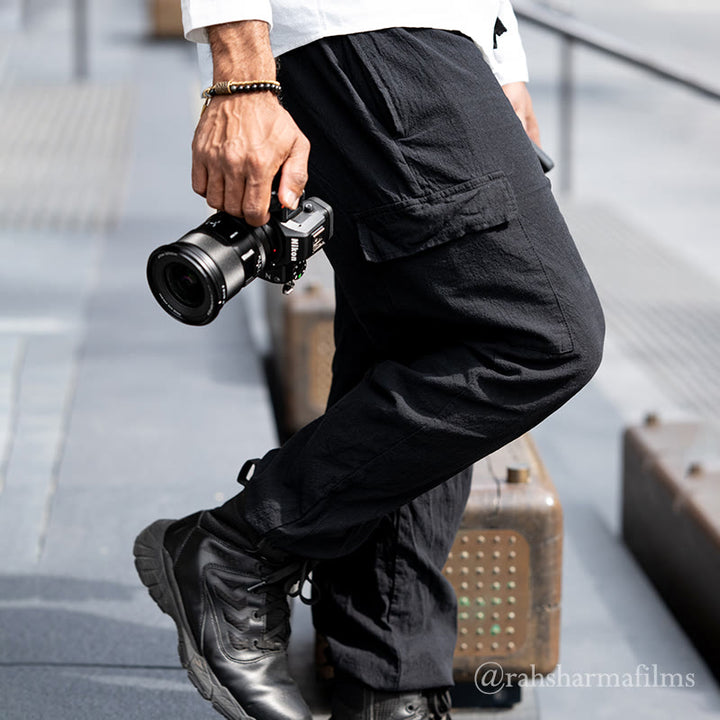 Buddha Stones無地リネン ドローストリング メンズ カーゴパンツ ポケット付き - image 1