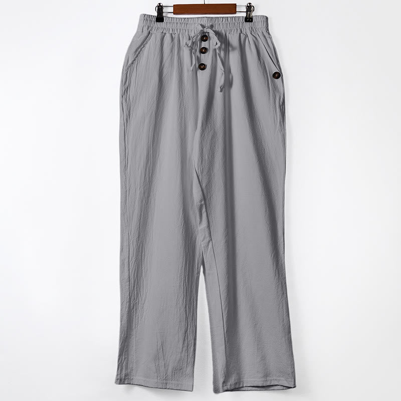 Buddha Stones無地ボタン ドローストリング メンズ コットンパンツ ポケット付き - ダークグレー - US/UK/AU46、 EU56 (3XL) - image 14