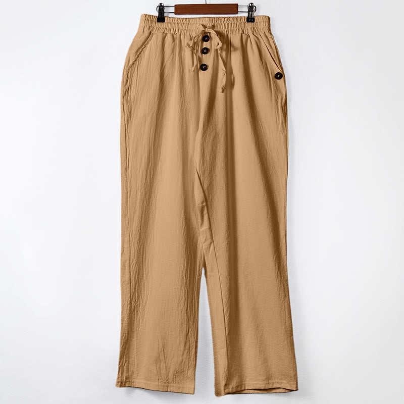 Buddha Stones無地ボタン ドローストリング メンズ コットンパンツ ポケット付き - サンディブラウン - US/UK/AU46、 EU56 (3XL) - image 30