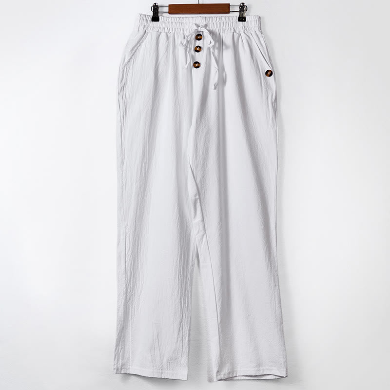 Buddha Stones無地ボタン ドローストリング メンズ コットンパンツ ポケット付き - 白 - US/UK/AU46、 EU56 (3XL) - image 7