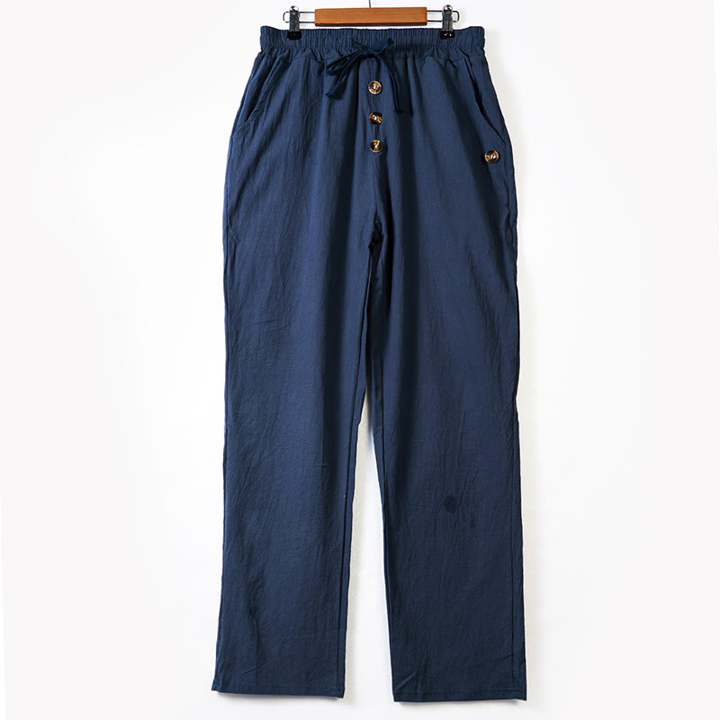 Buddha Stones無地ボタン ドローストリング メンズ コットンパンツ ポケット付き - image 1