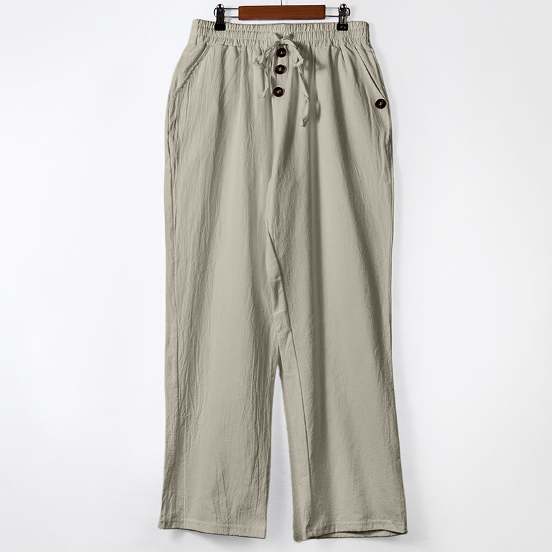 Buddha Stones無地ボタン ドローストリング メンズ コットンパンツ ポケット付き - ベージュ - US/UK/AU46、 EU56 (3XL) - image 22