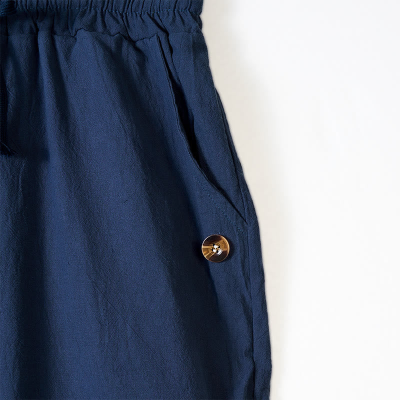 Buddha Stones無地ボタン ドローストリング メンズ コットンパンツ ポケット付き - image 3