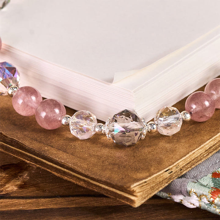 Buddha Stones午年 ストロベリークォーツ ホワイトキャッツアイ キーホルダー 携帯電話用 吊り下げ飾り - image 2