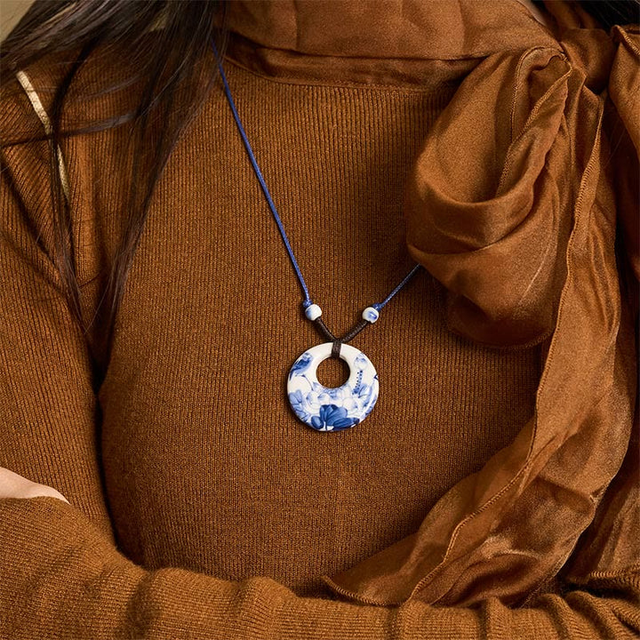 Buddha Stonesエスニック 牡丹 桃の花 蓮のシンボル 陶器 ネックレス 悟りのペンダント - image 4