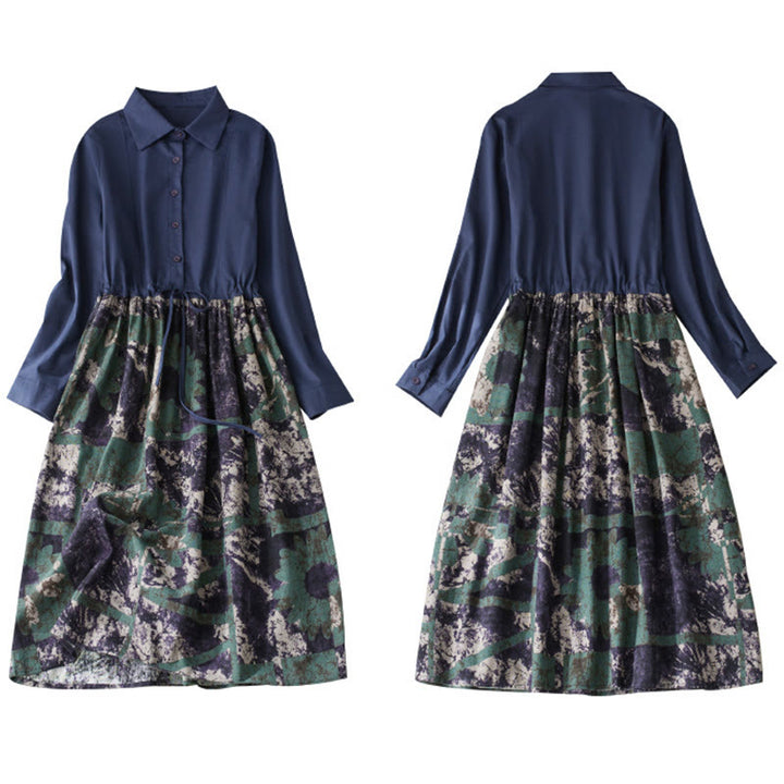 Buddha Stones秋 プリント パッチワークデザイン ドローストリング 長袖 リネン ミディドレス ポケット付き - image 10