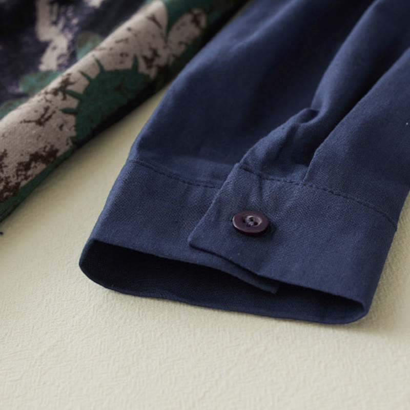 Buddha Stones秋 プリント パッチワークデザイン ドローストリング 長袖 リネン ミディドレス ポケット付き - image 7