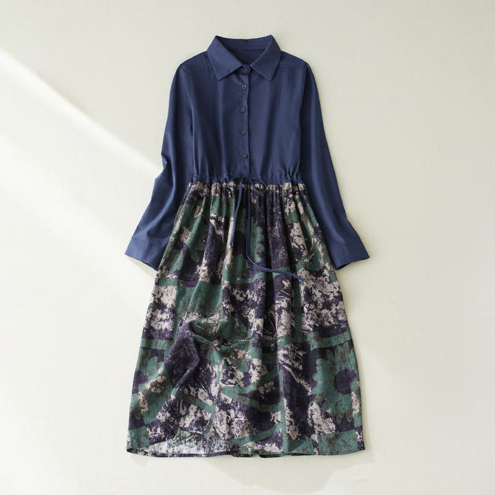 Buddha Stones秋 プリント パッチワークデザイン ドローストリング 長袖 リネン ミディドレス ポケット付き - ダークブルー - US8-10，UK/AU12-14，EU40-42 (2XL) - image 1