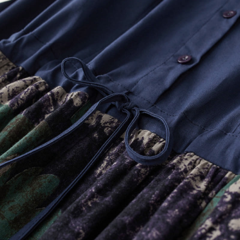 Buddha Stones秋 プリント パッチワークデザイン ドローストリング 長袖 リネン ミディドレス ポケット付き - image 4