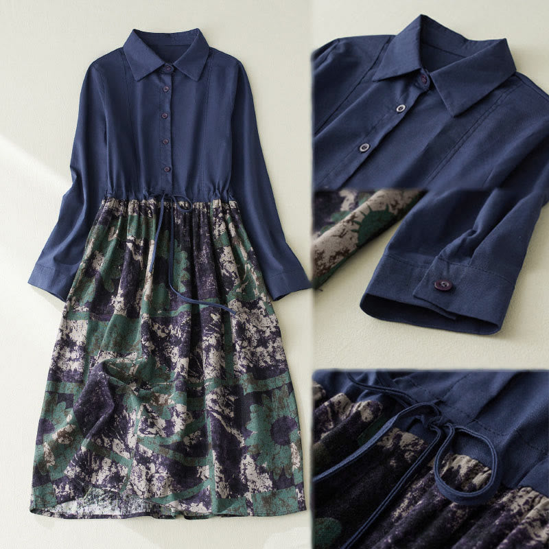 Buddha Stones秋 プリント パッチワークデザイン ドローストリング 長袖 リネン ミディドレス ポケット付き - image 8