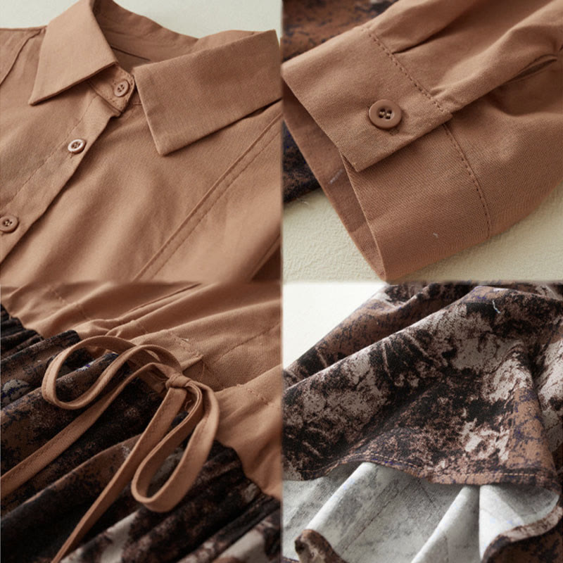 Buddha Stones秋 プリント パッチワークデザイン ドローストリング 長袖 リネン ミディドレス ポケット付き - image 13