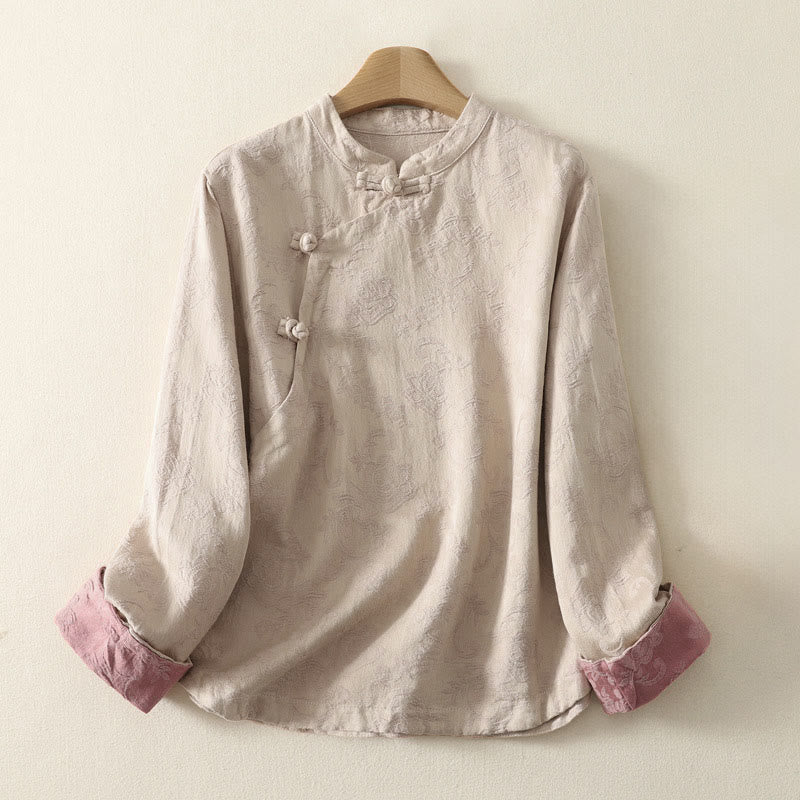 Buddha Stonesジャカード 斜め前立て 長袖 レディース コットンリネン ボタンシャツ - リネン - US8-10，UK/AU12-14，EU40-42 (2XL) - image 1