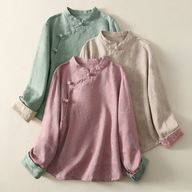 Buddha Stonesジャカード 斜め前立て 長袖 レディース コットンリネン ボタンシャツ - image 0