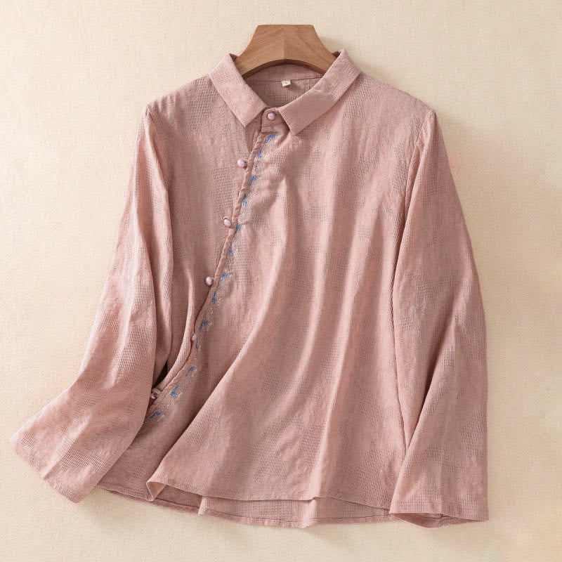 Buddha Stones秋 刺繍 アシンメトリーデザイン カエルボタン レディース コットン 長袖シャツ - ライトコーラル - US8-10，UK/AU12-14，EU40-42 (2XL) - image 14