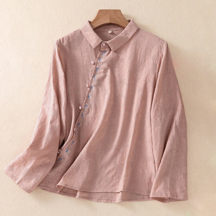 Buddha Stones秋 刺繍 アシンメトリーデザイン カエルボタン レディース コットン 長袖シャツ - ライトコーラル - US8-10，UK/AU12-14，EU40-42 (2XL) - image 14