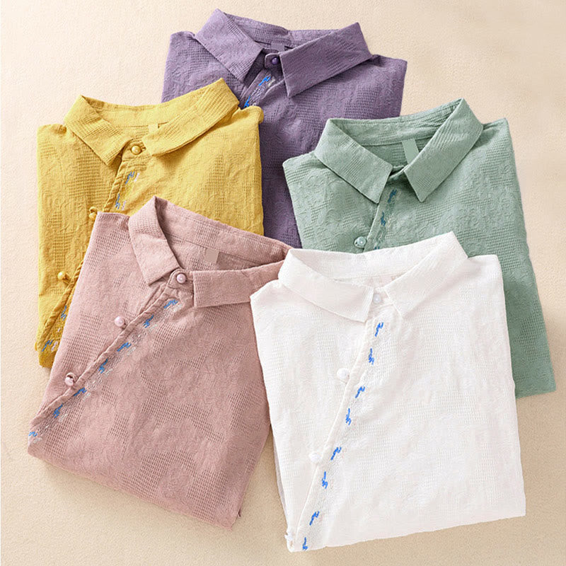 Buddha Stones秋 刺繍 アシンメトリーデザイン カエルボタン レディース コットン 長袖シャツ - image 38